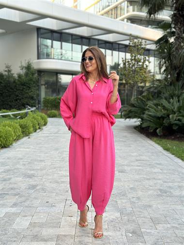 Fuşya Truvakar Kol Gömlek Balon Pantolon Kadın Tnsel Alt Üst Takım