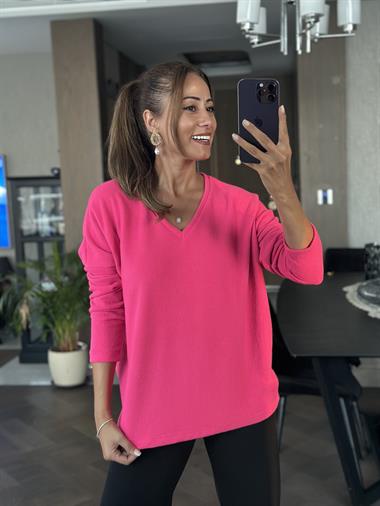 Fuşya V Yaka Uzun Kol Yumoş Kadın Bluz