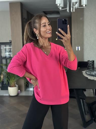 Fuşya V Yaka Uzun Kol Yumoş Kadın Bluz
