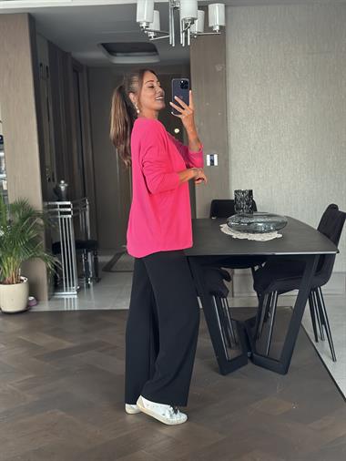 Fuşya V Yaka Uzun Kol Yumoş Kadın Bluz