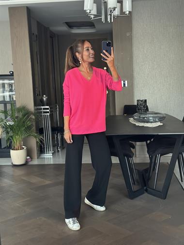 Fuşya V Yaka Uzun Kol Yumoş Kadın Bluz