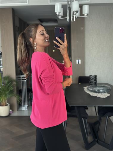 Fuşya V Yaka Uzun Kol Yumoş Kadın Bluz
