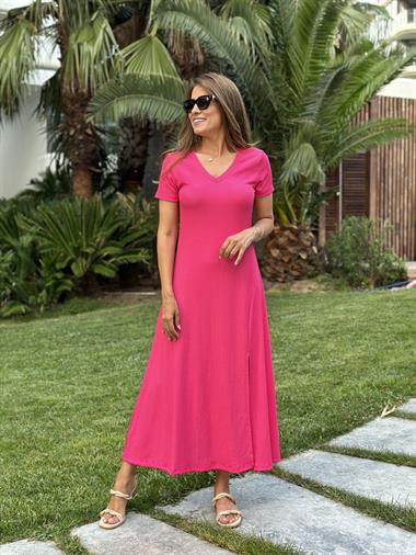 Fuşya V Yaka Yırtmaçlı Uzun Gofre Kadın Elbise