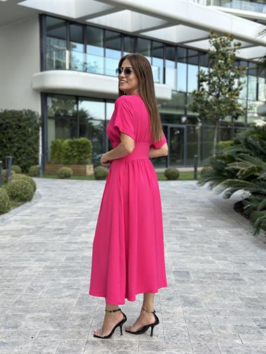 Fuşya Yarasa Kol Kruvaze Yaka  Aerobin Kadın Elbise 