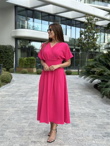 Fuşya Yarasa Kol Kruvaze Yaka  Aerobin Kadın Elbise 