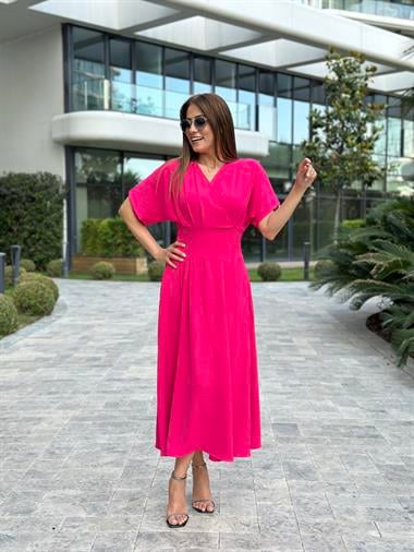 Fuşya Yarasa Kol Kruvaze Yaka  Aerobin Kadın Elbise 