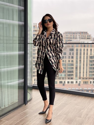 Geometrik  Desenli Saten Gömlek