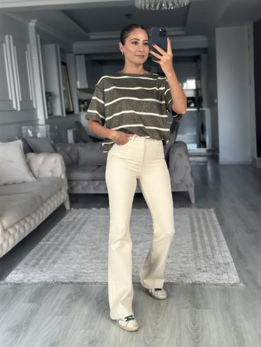 Gold Çizgili Simli Bisiklet Yaka Basic Kadın T-Shirt