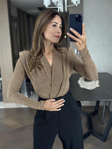 Gold Simli Vatkalı Kruvaze Yaka Kadın BodySuit