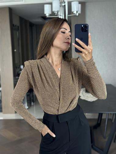 Gold Simli Vatkalı Kruvaze Yaka Kadın BodySuit