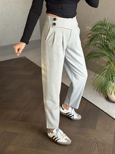 Gri Arka Beli Lastikli Önü İki Düğmeli Kadın Kumaş Pantolon