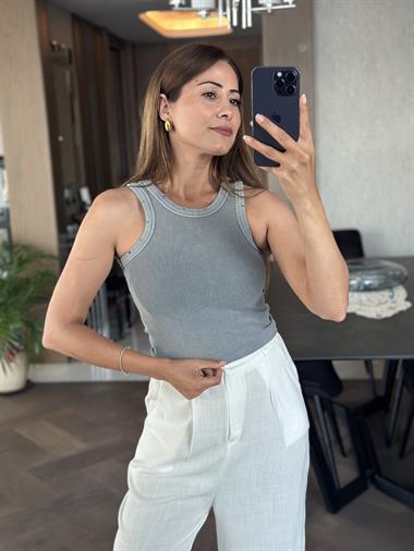 Gri Arkası Dikiş Detay Yıkamalı Halter Yaka Kadın Kaşkorse Body