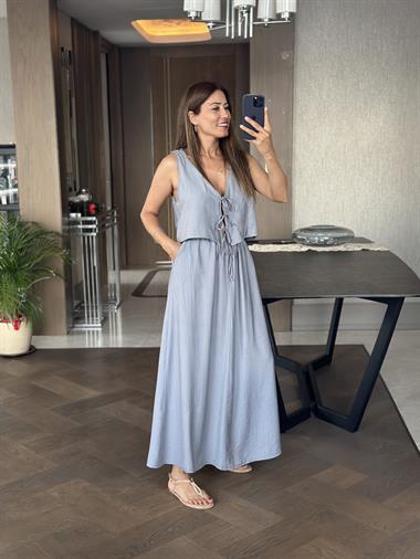 Gri Bağcıklı Yelek Etek Kadın Alt Üst Takım