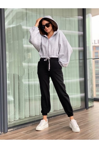 Gri Balon Kol Fermuarlı Sweatshirt