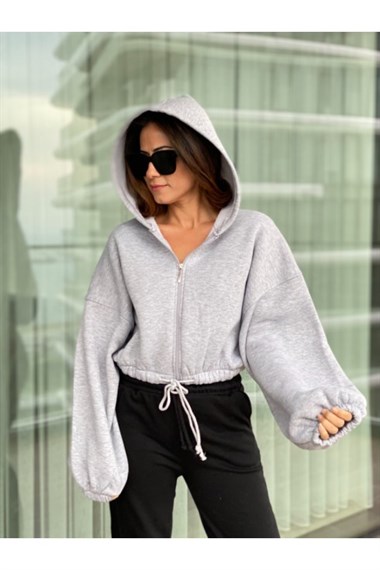 Gri Balon Kol Fermuarlı Sweatshirt