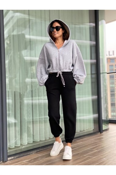 Gri Balon Kol Fermuarlı Sweatshirt