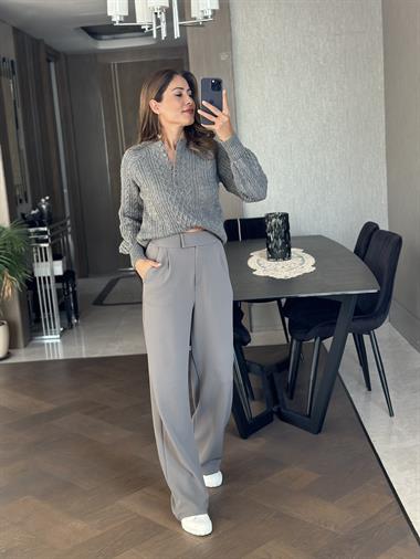 Gri Beli Cırtlı Likralı Krep Palazzo Kadın Pantolon