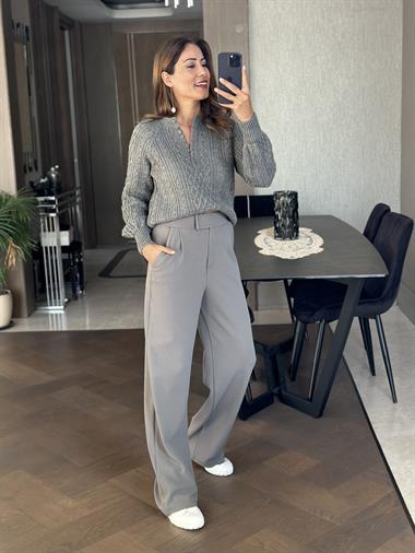 Gri Beli Cırtlı Likralı Krep Palazzo Kadın Pantolon