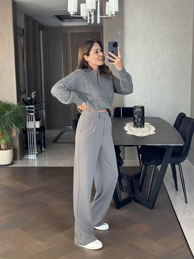 Gri Beli Cırtlı Likralı Krep Palazzo Kadın Pantolon