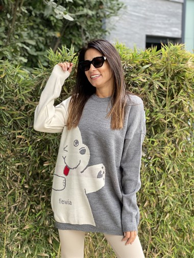 Gri Bisiklet Yaka Ayıcık Detay Triko Kadın Kazak