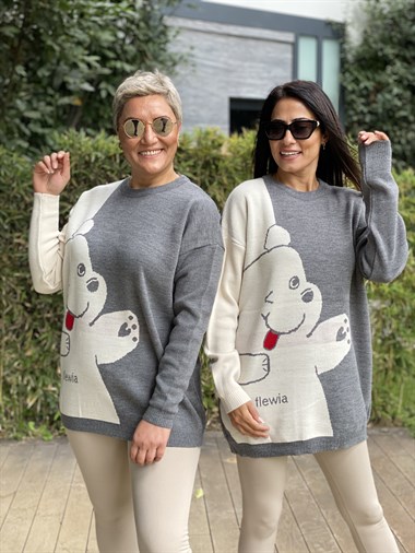 Gri Bisiklet Yaka Ayıcık Detay Triko Kadın Kazak