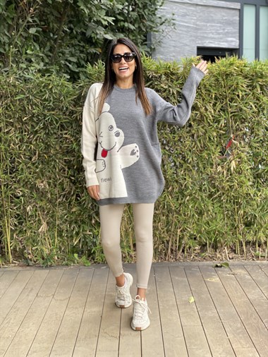 Gri Bisiklet Yaka Ayıcık Detay Triko Kadın Kazak