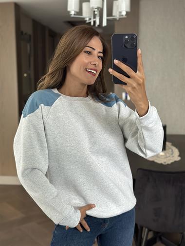 Gri Bisiklet Yaka Omuzları Jean Detay İki İplik Kadın Sweatshirt