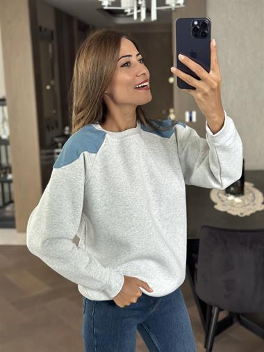 Gri Bisiklet Yaka Omuzları Jean Detay İki İplik Kadın Sweatshirt