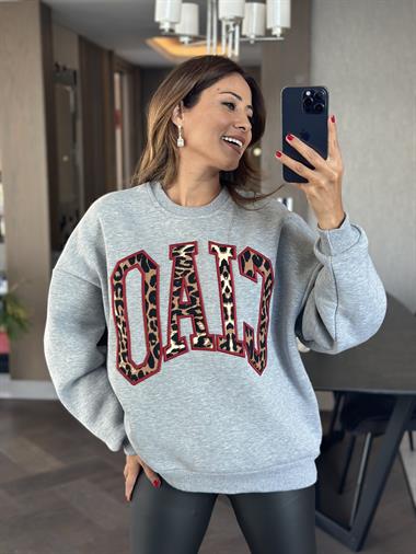 Gri Bisiklet Yaka Önü Nakışlı Kadın Sweatshirt