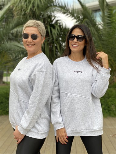 Gri Bisiklet Yaka Tek Cepli Kadın Sweatshirt