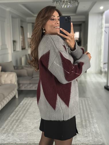 Gri Bordo Geniş Baklava Desenli Kadın Kazak