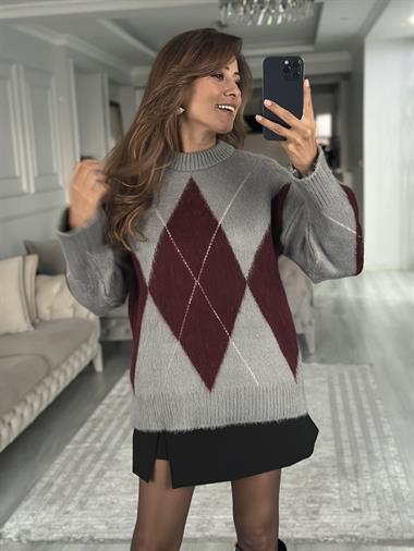 Gri Bordo Geniş Baklava Desenli Kadın Kazak