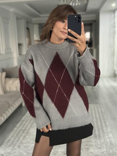 Gri Bordo Geniş Baklava Desenli Kadın Kazak