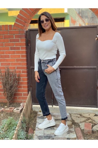 Gri Çift Renk Mom Fit Jean