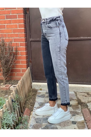 Gri Çift Renk Mom Fit Jean