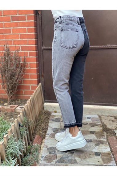 Gri Çift Renk Mom Fit Jean