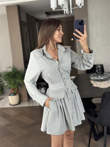 Gri Çizgili Düğmeli Vintage Kadın  Gömlek Elbise
