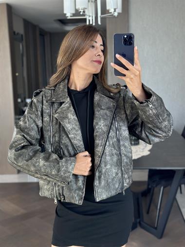 Gri Eskitme Fermuarlı Kadın Deri Ceket