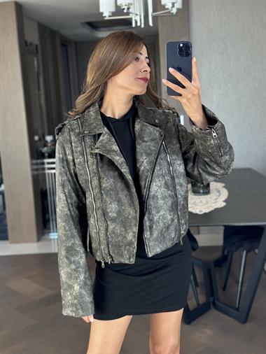 Gri Eskitme Fermuarlı Kadın Deri Ceket