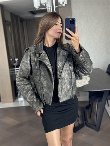 Gri Eskitme Fermuarlı Kadın Deri Ceket
