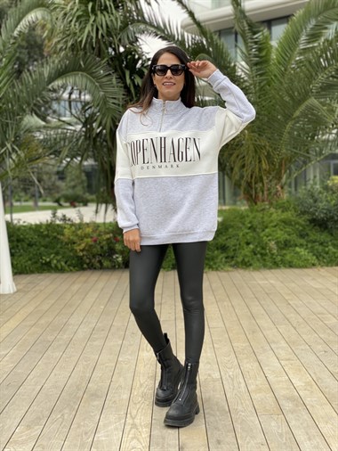 Gri Fermuarlı Denmark Baskılı İki İplik Kadın Sweatshirt