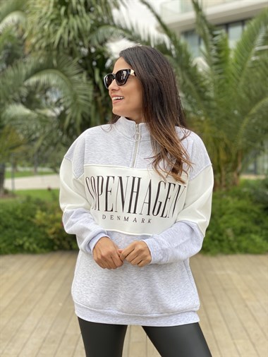 Gri Fermuarlı Denmark Baskılı İki İplik Kadın Sweatshirt