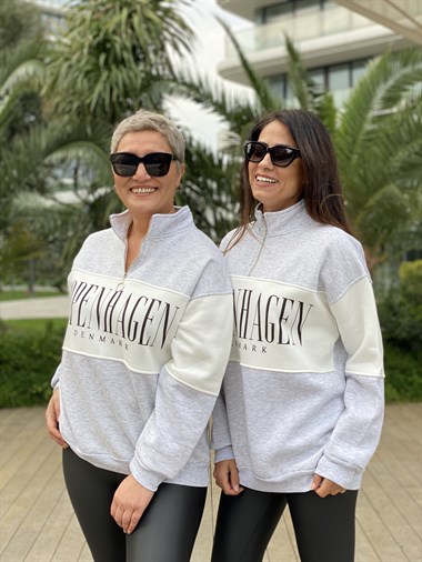 Gri Fermuarlı Denmark Baskılı İki İplik Kadın Sweatshirt