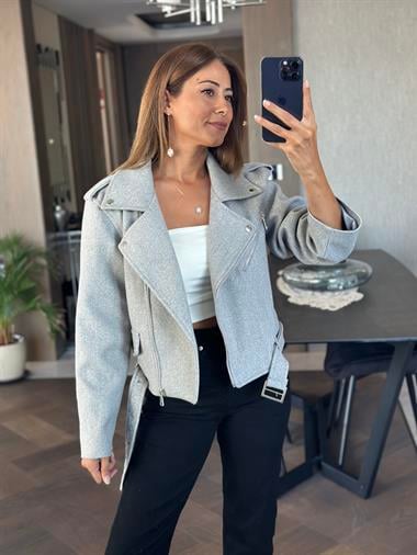 Gri Fermuarlı Motorcu Kısa Kadın Kaşe Ceket