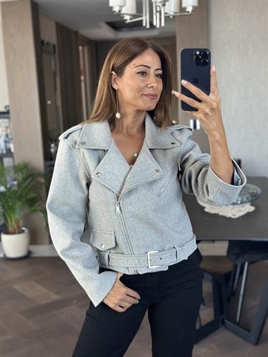 Gri Fermuarlı Motorcu Kısa Kadın Kaşe Ceket