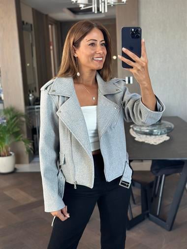 Gri Fermuarlı Motorcu Kısa Kadın Kaşe Ceket