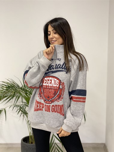 Gri Fermuarlı Önü Ve Kolu Baskılı Kadın Sweatshirt