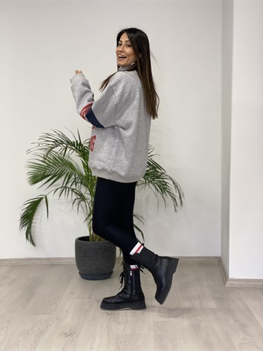 Gri Fermuarlı Önü Ve Kolu Baskılı Kadın Sweatshirt