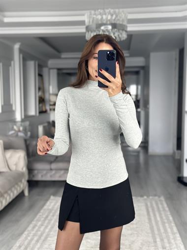 Gri Fitilli Dik Yaka Uzun Kollu Kadın Body