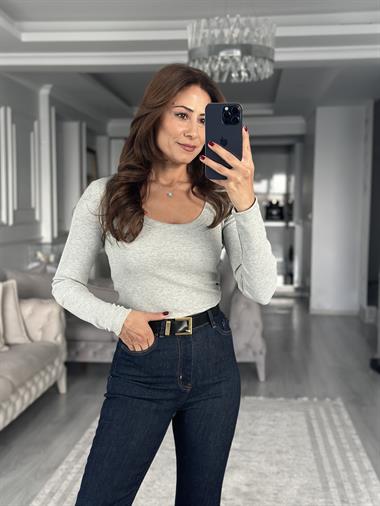 Gri Fitilli Kaşkorse Uzun Kol U Yaka Kadın Body